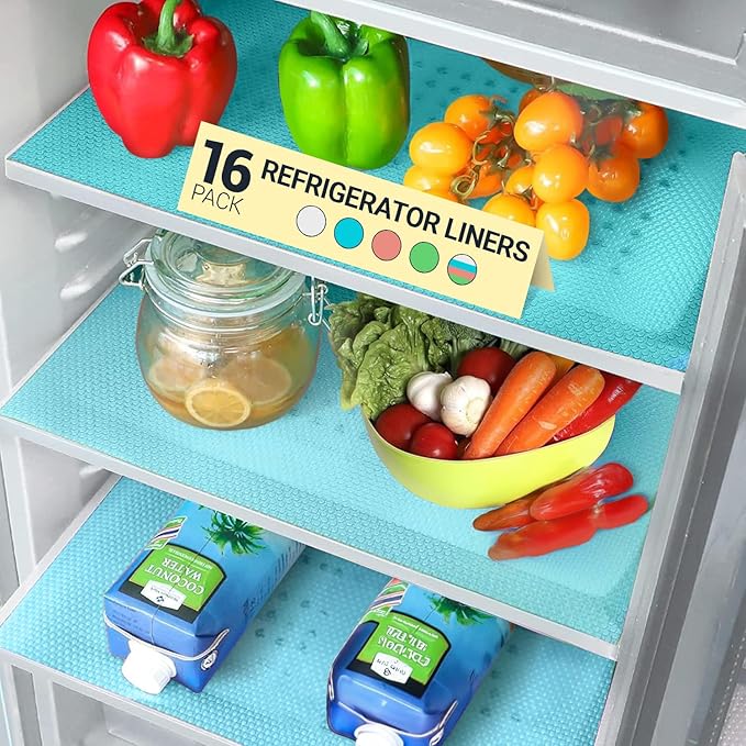 Refrigerator Liners for Shelves (16 Pack) by Linda’s Essentials - Non-Adhesive Shelf or Drawer Liner, BPA-Free Fridge Mats for Kitchen & Cabinets, Easy to Clean, Ideal Household Essentials (Blue) by LindasEssentials