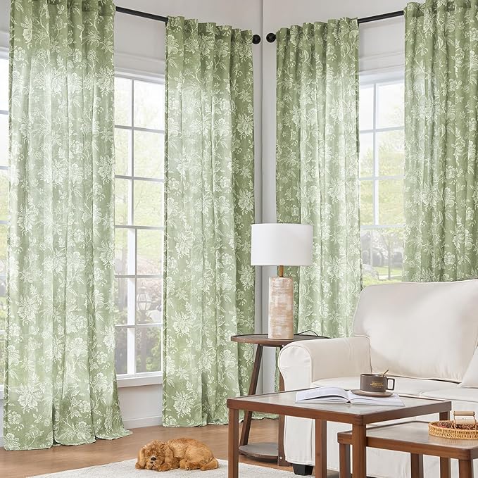 jinchan Linen Floral Curtains for Living Room with Printed Flower 84 Inches Long Light Filtering French Country Back Tab Rod Pocket Sage Green Window Curtain Set Farmhouse Drapes 2 Panels - Image 2