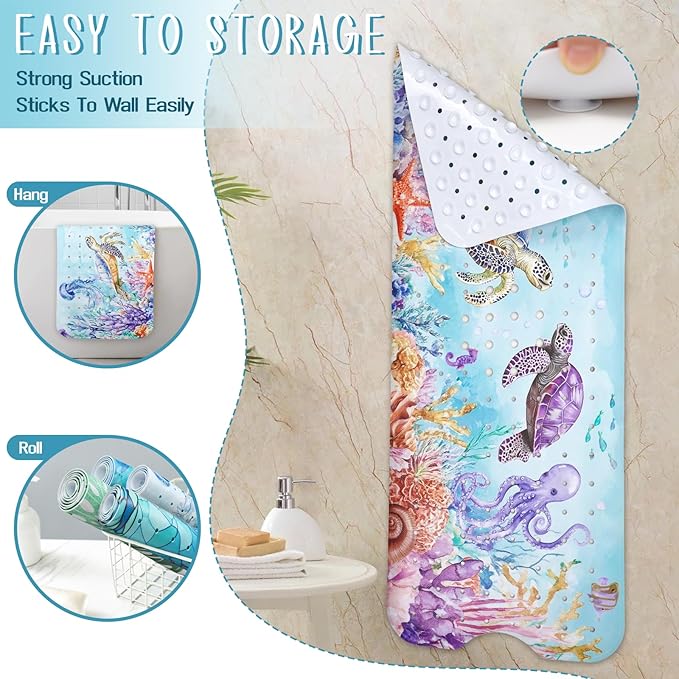 Ocean Animals Bathtub Mat Non Slip, Sea Turtle Baby Bath Mat for Tub Rubber Tub Mat, Cute Toddler Kids Bath Mats for Bathroom Anti Slip Shower Mat with Suction and Drain Holes Machine Washable,40″x16″ - Image 6