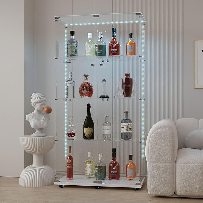 Yoluckea 4-Tier Glass Display Cabinet with Bluetooth LED Light Strip, 2-Door Floor Standing Curio Cabinet with Universal Wheel for Home Office Display, White Glass Bookshelf for Collections, Clear Top by Yoluckea