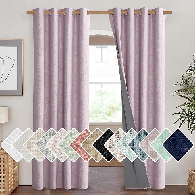 NICETOWN Pink Vintage Linen 100% Blackout Curtains for Living Room, Thermal Insulated Curtains 84“ Long, Noise Reducing Window Treatment Drapes for Hall Room, 52" Wide Per Panel, Set of 2 by NICETOWN