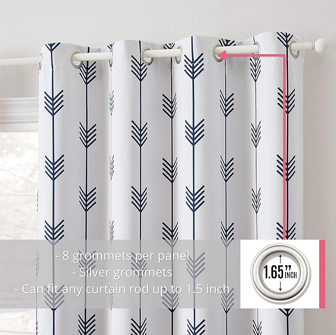 HLC.ME Arrow Printed Privacy Blackout Energy Efficient Room Darkening Thermal Grommet Window Curtain Drape Panels for Kids Bedroom - Set of 2 - Platinum White/Navy Blue - 63" inch Long - Image 2