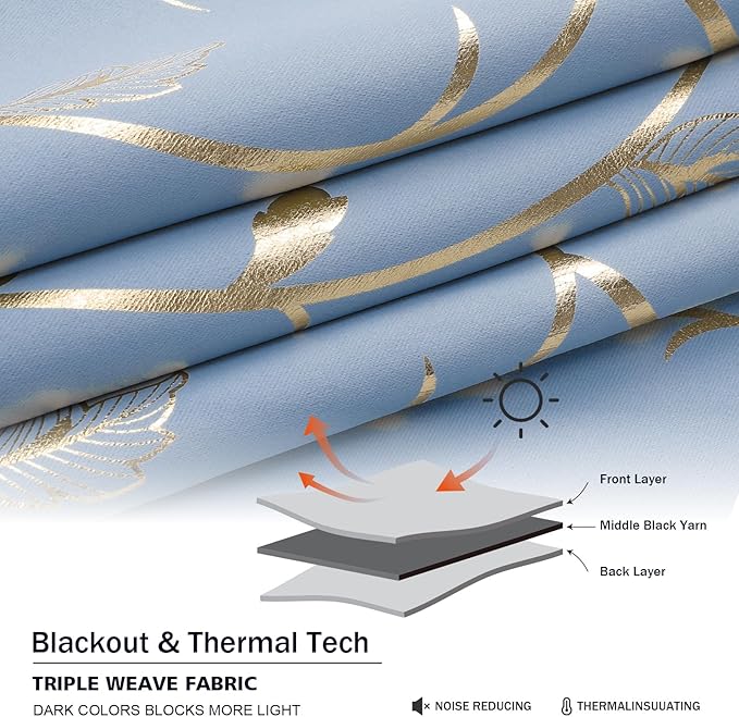 BUHUA Blackout Curtains Gold Foil Print Flower Vine Grommet Drapes, Room Darkening Thermal Insulated Curtains, Noise Reducing Blackout Curtain for Bedroom, Blue, 52Wx84L, 2 Panels - Image 4