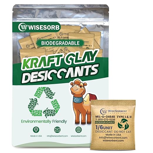 6G x 60 Pack Kraft Clay Desiccants Packs, Food Safe Bentonite Clay Desiccant - Silica Gel Packets Alternative, Military Grade Moisture Absorbers for Storage Bins, Electronics, Clothes Shoes by Wisesorb