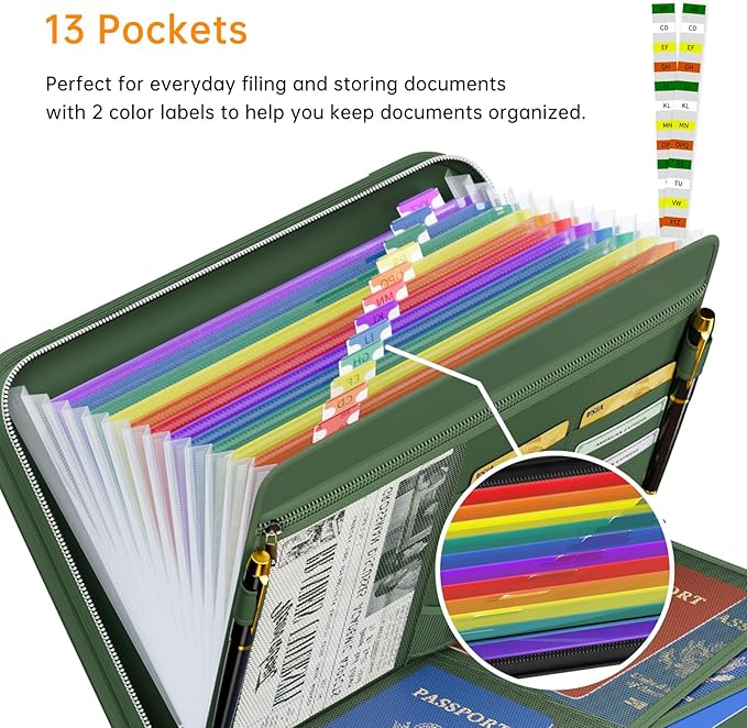Tamfile Fireproof Accordion File Organizer with Handle, 13 Pocket Colorful Expanding File Folder with Zipper & Labels, File Folder with Multi-Pockets Paper Organizer Folder for Letter A4 Files (Green) - Image 3