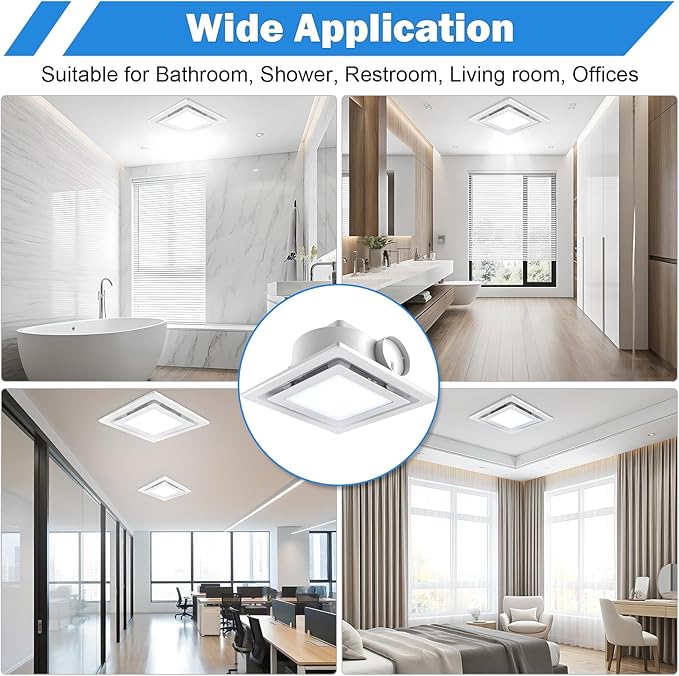 FEITON Square Bathroom Exhaust Fan with Light, 160 CFM 35W 4 Inch Duct, 100-240V 1.0 Sones Quiet Bathroom Ceiling Fan, Shower Fan Light Combo(Mounting Hole: 10.2 x 10.2 Inches) - Image 6