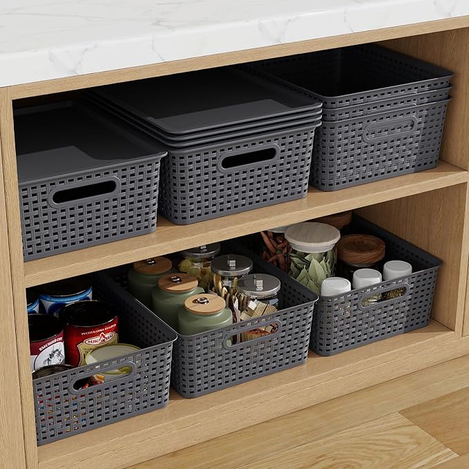 13 Quart Plastic Storage Baskets with Lid, Weave Organizing Bins, Gray, 6 Packs - Image 6