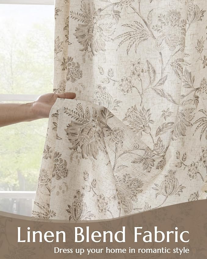 jinchan Lined Linen Floral Curtains for Living Room, 84 Inch Length Printed Flower Farmhouse Patterned French Country Back Tab Taupe Window Drapes Set Privacy Bedroom Curtains, 2 Panels - Image 2
