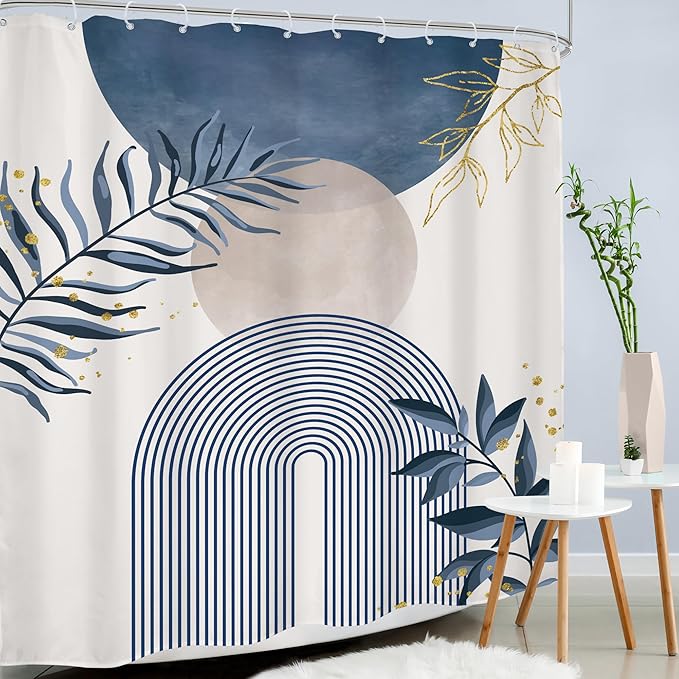 Blue Gray Boho Shower Curtain 72Wx84H Extra Long Dusty Blue Modern Bohemian Abstract Gold Leaf Mid Century Plant Bathroom Decor Minimalist Geometric Bath Curtain Fabric Polyester 12 Pack Hooks - Image 3