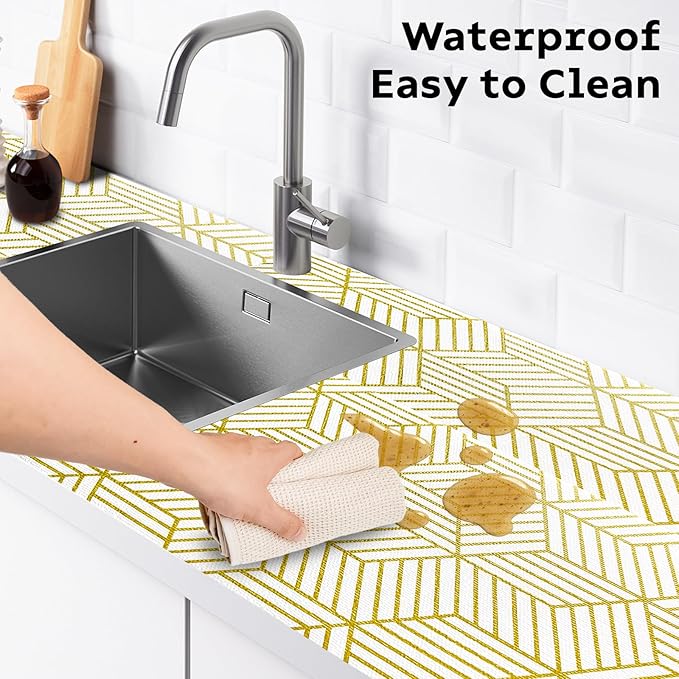 Shelf Liners for Kitchen Cabinets 12IN x 10FT, Non Adhesive Cabinet Liner Strong Non-Slip Thickened Gold Geometric Drawer Liner, Easy to Clean for Shelf, Cabinet with Knife and Tape Measure - Image 4