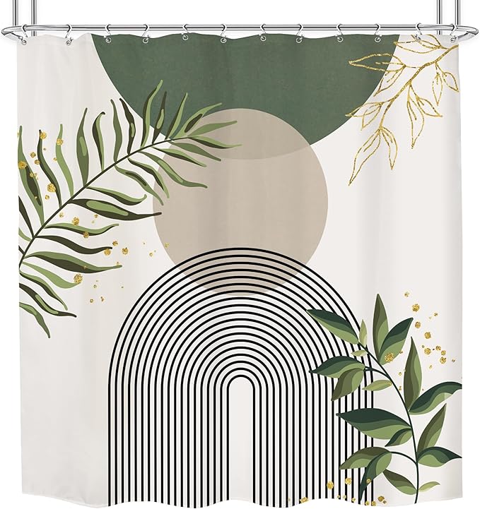 Green Boho Mid Century Shower Curtain 72Wx72H Abstract Gold Leaves Grey Modern Sun Arch Minimalist Geometric Aesthetic Plant Bathroom Decor Neutral Bath Curtain Polyester 12 Pack Hooks - Image 2