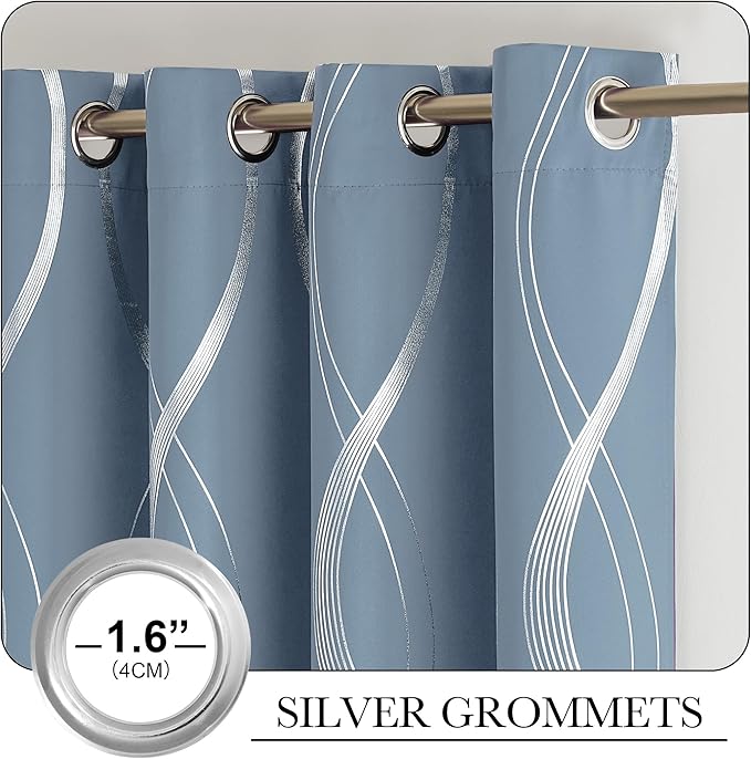 NICETOWN Vintage Blue Foil Printed Curtain for Extra Wide Window, W66 x L84 inch, Wave Line Design Modern Style Drapes Privacy Protection for Room Divider, 2 Panels - Image 5