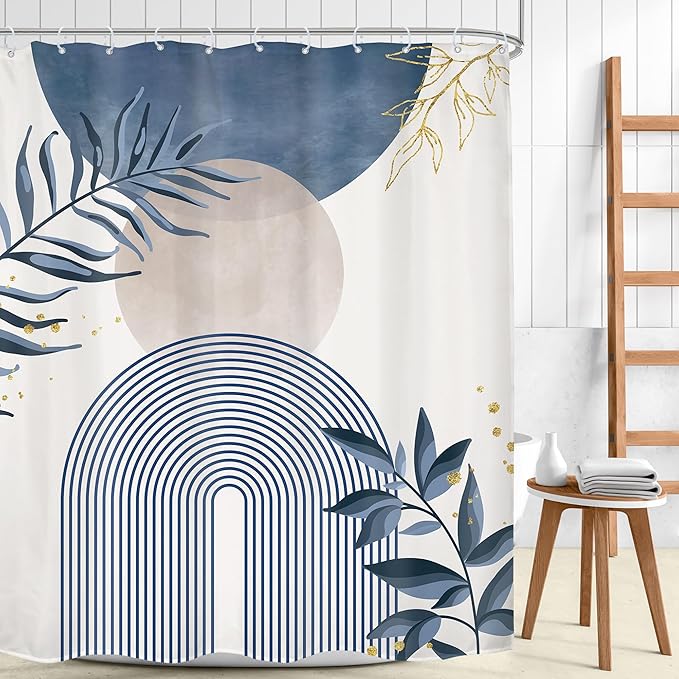 Navy Blue Boho Shower Curtain 72Wx78H Grey Modern Bohemian Abstract Leaves Plant Botanical Mid Century Minimalist Bathroom Decor Geometric Neutral Bath Curtain Fabric Polyester 12 Pack Hooks - Image 2