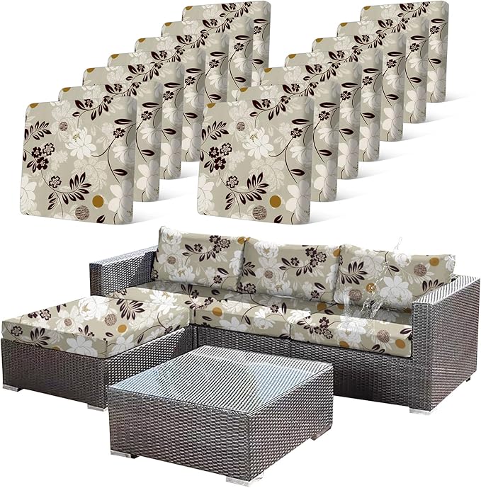 14 Pcs Waterproof Patio Cushion Covers, Floral Printed Stretch Outdoor Sofa Cover for Patio Furniture, Washable Chair Covers Reusable Furniture Protector for Fall Decor (Brown, Cover Only) by CALBODE