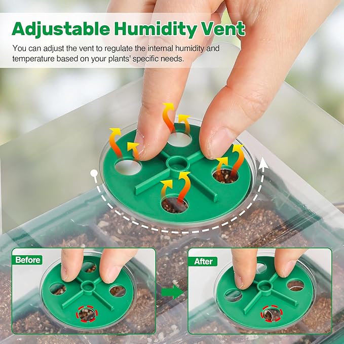 Bonviee 10 Packs Seed Starter Tray with Elevated Lid, 120 Cells Thicken Seed Starting Trays Kit with Adjustable Humidity Vent, Clear Cell Tray and Heightened Lids for Greenhouse & Gardens, Green - Image 4