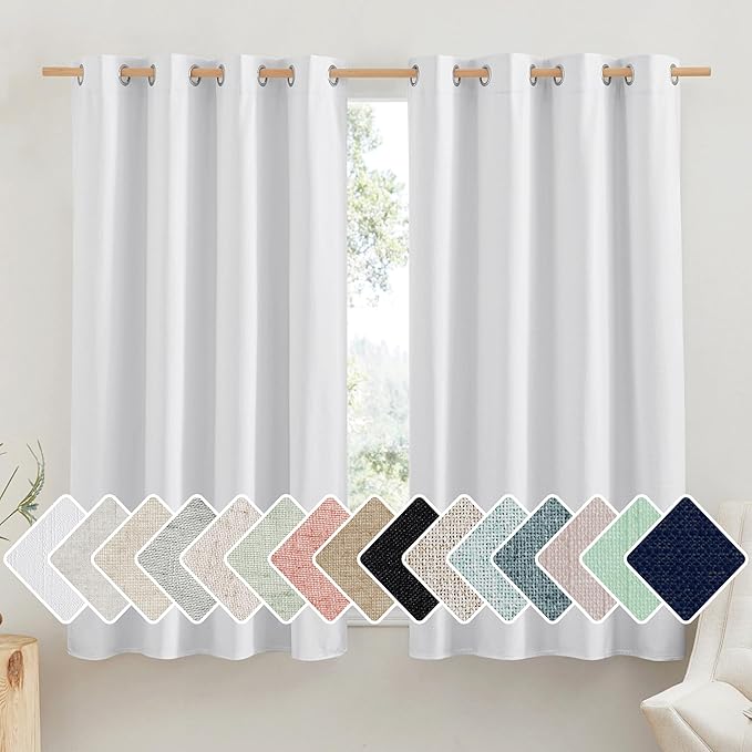 NICETOWN 100% Absolutely Blackout Linen Curtains with Thermal Insulated White Liner, White, 52 inches Wide, 45 inches Length Energy Saving Curtains for Cafe 2 Panels Set, Vertical Blinds by NICETOWN
