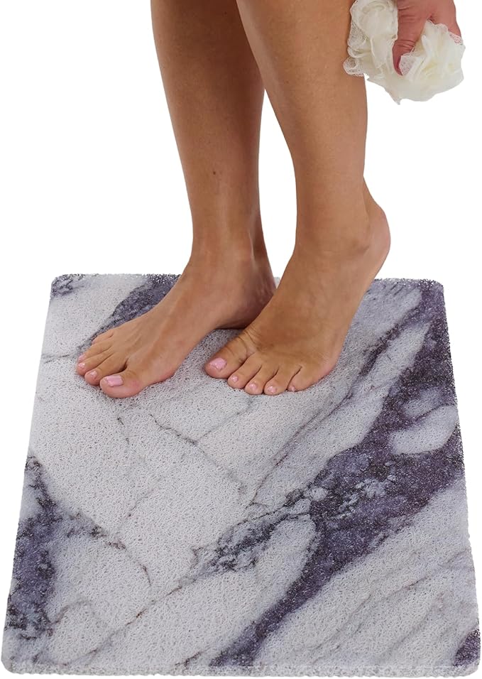 ENKOSI Loofah Non-Slip Shower and Bath Mat - Soft Cushioned Comfort - No Suction Cups for Smooth or Textured Tubs - Fast Draining - Safety for Bathroom, Family, and Elderly (24x16 Marble Grey Blue) by ENKOSI