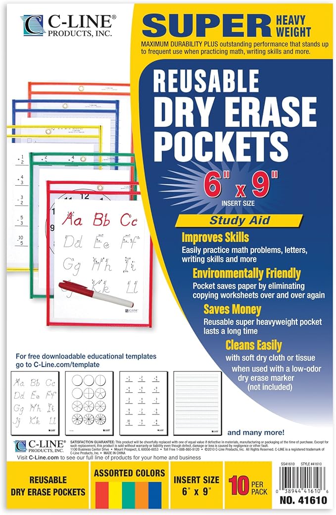 C-Line Reusable Dry Erase Pockets, 6 x 9 Inches, Assorted Primary Colors, 10 Pockets per Pack (41610) - Image 3
