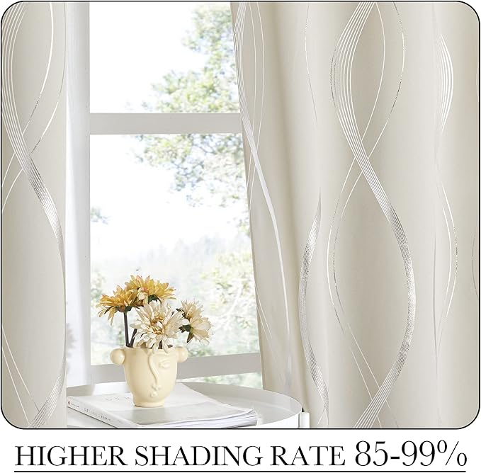 NICETOWN Bedroom Curtains Small Blackout Panels, Beige, Set of 2, 42 by 40 Inch, Window Treatment Thermal Insulated Solid Grommet Blackout Wave Line Foil Print Design Curtains for Kitchen, Cafe, Loft - Image 4