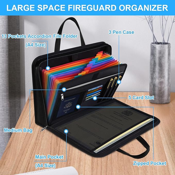 Fireproof Document Box with Handle (14.7" x 10.4") - 13-Pocket Expanding Accordion File Folder, Water Resistant Important Paper Organizer for Estate Planning, Wills (Not a Ring Binder) - Image 3