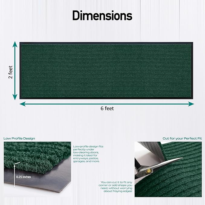 Durable Rubber Door Mat - Heavy Duty, Indoor/Outdoor, Easy Clean, Waterproof, Low-Profile Mat for Entry, Patio, Garage - Stylish (Green, 6' x 2' (Mud Trapper)) - Image 2