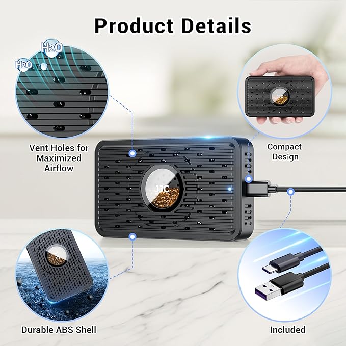 2-Pack Reusable Desiccant Dehumidifier with 70g Silica Gel, Portable Moisture Absorber for Gun Safe, Camera Lens Electronic Dry Cabinet, 3D Printer Filaments Storage & Guitar Bag, USB-C Charging - Image 6