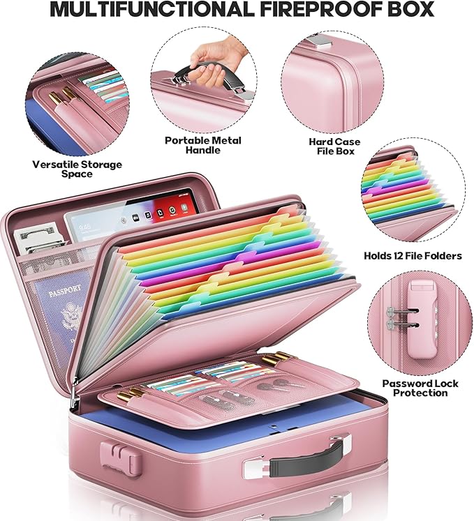 Fireproof Document Box, Hard Case Highly Flame-Resistant Fire Proof Waterproof File Organizer with Lock, Portable Fire Safe for Important Documents & Valuables Storage (Pink, ‎14"*11"*5") - Image 5