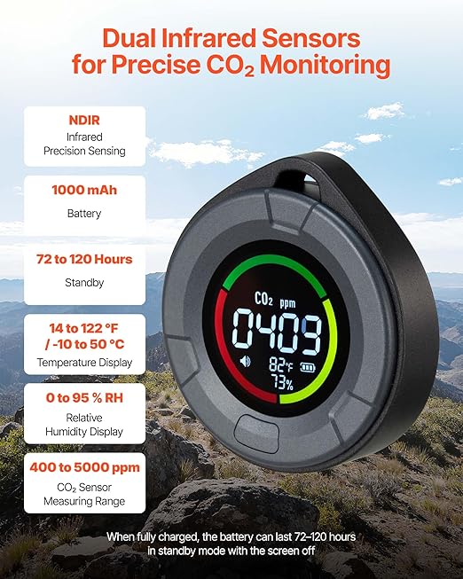 VEVOR Carbon Dioxide Monitor, CO2 Controller with Temperature and Humidity Display, NDIR Sensor Carbon Dioxide Detector, for Outdoors, Home, Office, Car, Lightweight & Portable - Image 2