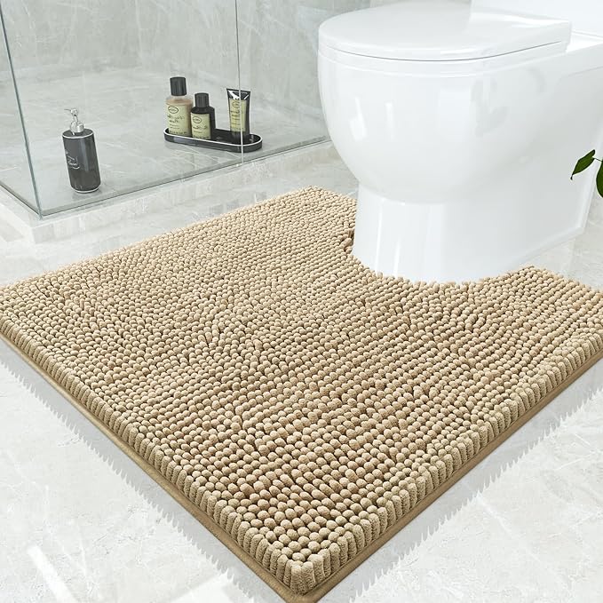 Smiry Luxury Chenille Toilet Rugs U-Shaped 24x24, Soft Absorbent Non-Slip Contour Bathroom Rugs for Toilet, Machine Washable Contoured Bath Mats, Beige by Smiry