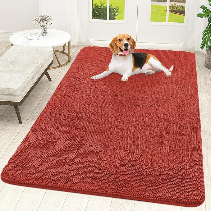 OLANLY Dog Door Mat for Muddy Paws 59x35, Absorbs Moisture and Dirt, Absorbent Non-Slip Washable Doormat, Quick Dry Chenille Mud Mat for Dogs, Entry Indoor Entryway Carpet for Inside Floor, Maple Red by OLANLY