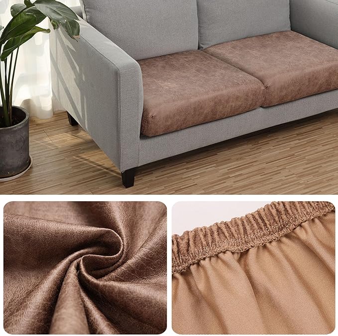 Fuloon Stretch Seat Cushion Covers, Suede Leather Look Sofa Slipcovers Couch Cushion Covers Removable Furniture Protector Large-Chair Cushion Slipcovers (Brown, 2 Pcs) - Image 4