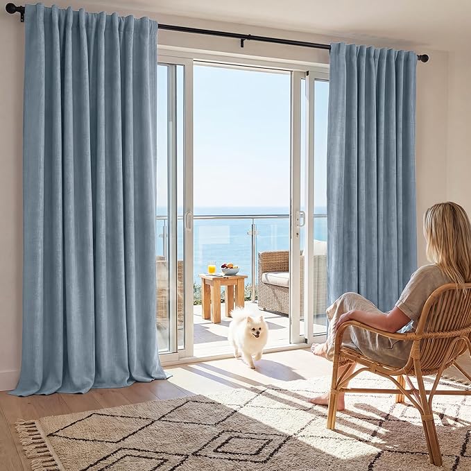 RYB HOME Smoky Blue Linen 100% Blackout Curtains for Bedroom 52 Width 120 Long, Thich Elegant Extra Long Drapes for Modern/Vintage/Farmhouse Home Decor, Thermal Insulated Window Treatment, 2 Panels - Image 2