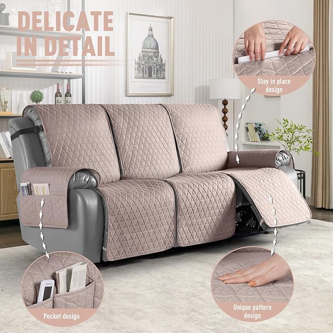 TAOCOCO 100% Waterproof Recliner Cover, Non-Slip Washable Reclining Couch Cover with Elastic Leg Straps, Furniture Protector for Dogs (Peach, 3 Seater) - Image 6