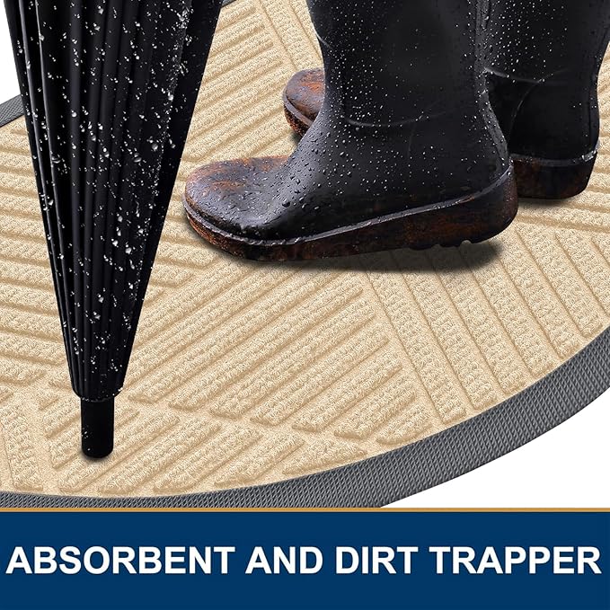 Smiry Half Circle Front Door Mat Outside Entrance, Heavy Duty Sturdy Natural Rubber Doormat, Trap Dirt and Moisture, Low Profile Mats for Indoor Outdoor Entry, Irregular Triangle (35x23, Beige) - Image 3