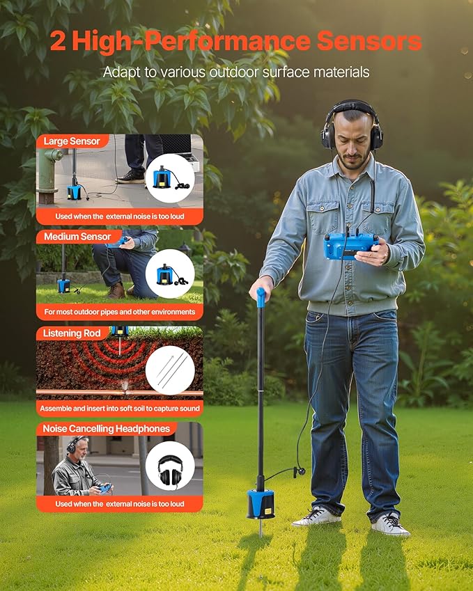 VEVOR Pipe Water Leak Detector for Outdoors, 1Hz-10000Hz, 7" Touchscreen Leakage Detection Locator for 16.4FT (5m) Underground Plumbing - with Medium & Large Sensor, 3 Listening Rods, Headphone & Case - Image 4