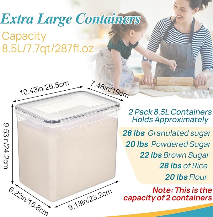 Vtopmart 8.5L 2 Pack Extra Large Flour Sugar Storage Containers for 20lbs flour, Airtight Kitchen Pantry Organization Canisters with Lids for Bulk food, Rice, Baking Supplies, BPA Free, Black - Image 2