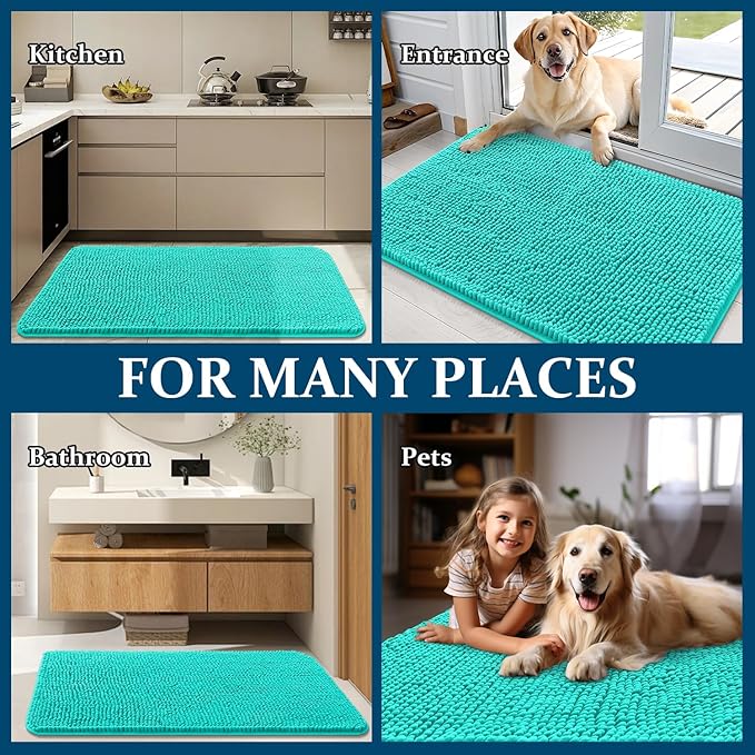 OLANLY Dog Door Mat for Muddy Paws 44x24, Absorbs Moisture and Dirt, Absorbent Non-Slip Washable Doormat, Quick Dry Chenille Mud Mat for Dogs, Entry Indoor Entryway Carpet for Inside Floor, Teal - Image 8