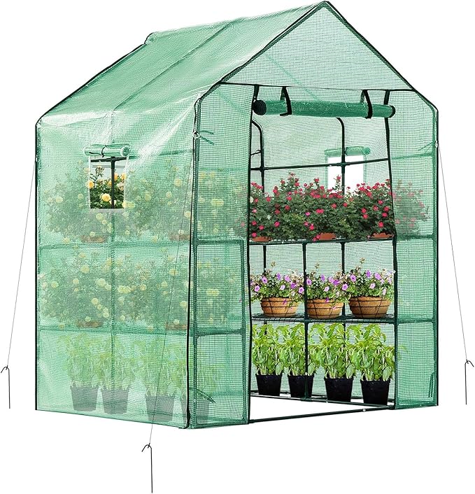 VIVOSUN 57x57x77 Inch Mini Walk in Green House with Window and Anchor, Plant Garden Hot House 2 Tiers 8 Shelves, 4.7 x 4.7 x 6.4 FT by VIVOSUN