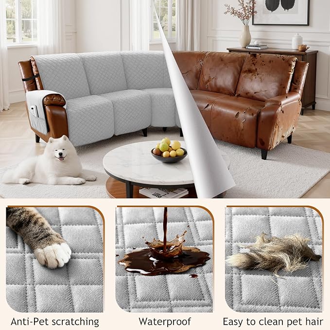 Arfntevss Waterproof Recliner Sectional Couch Covers for Reclining Sectional L Shape Sofa Cover Non Slip Washable Recliner L Shaped Slipcover Sets for Dog Furniture Protector (5 Seater, Dove Gray) - Image 6