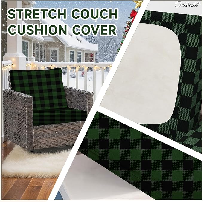 8Pcs High Elastic Sofa Seat Cushion Cover for Christmas, Reusable Print Green Checked Stretch Couch Cushion Slipcover for Outdoor Furniture Protector Replacement,Soft & Comfortable for Winter - Image 5