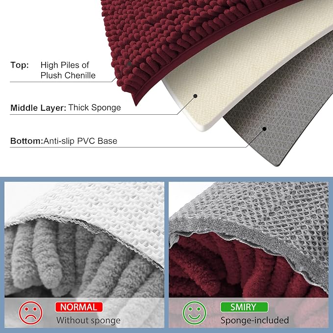 Smiry Luxury Chenille Bathroom Rugs 40x32, Extra Soft and Absorbent Shaggy Bath Mat, Machine Washable, Non-Slip Plush Carpet Runner for Tub, Shower, and Floor, Home Decor Accessories, Burgundy - Image 5