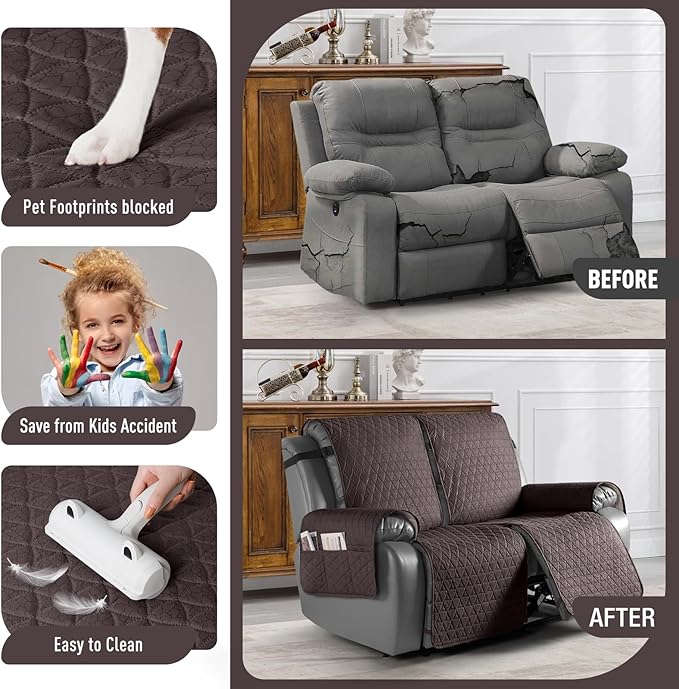 TAOCOCO 100% Waterproof Recliner Cover, Non-Slip Washable Reclining Couch Cover with Elastic Leg Straps, Furniture Protector for Dogs (Chocolate, 2 Seater) - Image 2