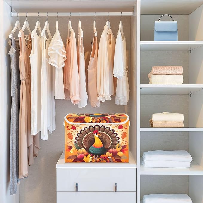 xigua Thanksgiving Turkey Storage Bins with Lids and Carrying Handle,Foldable Storage Boxes Organizer Containers Baskets Cube with Cover for Home Bedroom Closet Office - Image 6