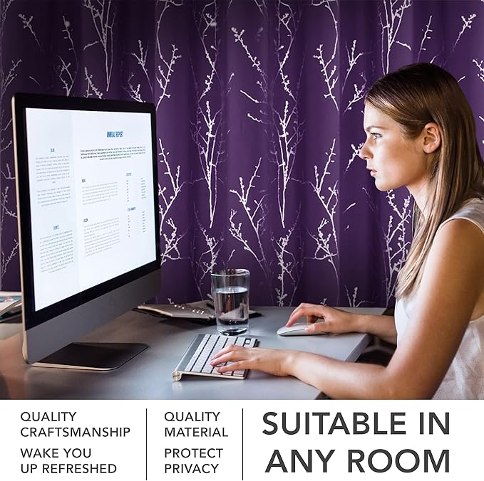 Deconovo Blackout Curtains, Purple Curtain, Thermal Insulated Soundproof Grommet Drapes, Silver Tree Foil Print, 52 x 63 Inch, 2 Panels, Machine Washable Window Panel for Living Room Bedroom Office - Image 3