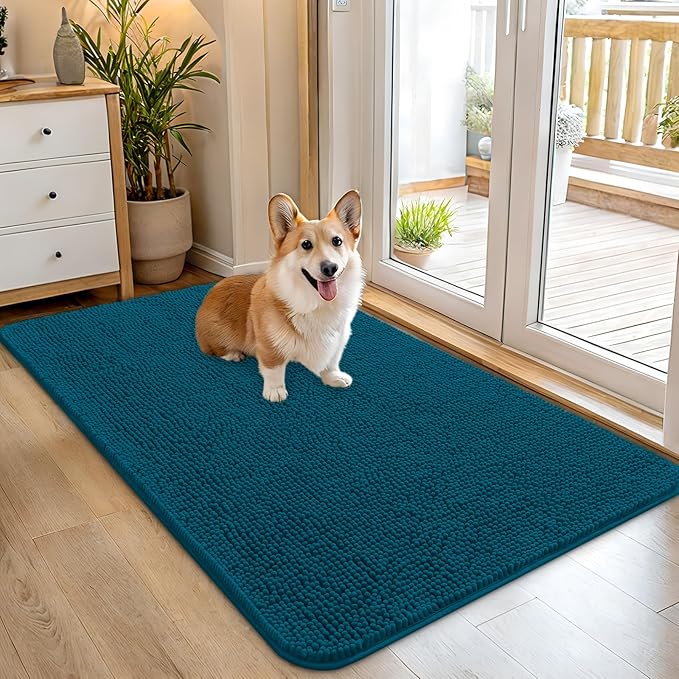 OLANLY Dog Door Mat for Muddy Paws 45x27, Absorbs Moisture and Dirt, Absorbent Non-Slip Washable Doormat, Quick Dry Chenille Mud Mat, Entry Indoor Entryway Carpet for Inside Floor, Atlantic Blue by OLANLY
