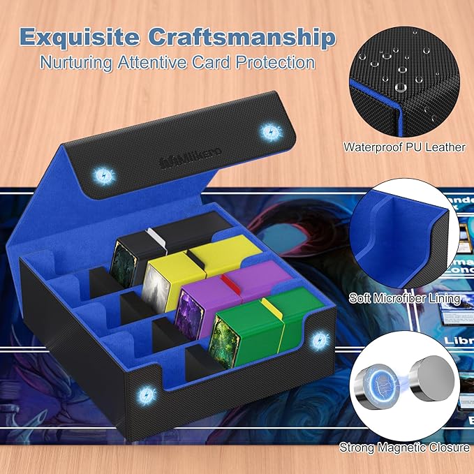 Mlikero Card Deck Case, 2400+ Trading Card Storage Box with 10 Colorful Dividers and 4 Foam Stoppers, Leather Magnetic Closure Commander Deck Box Fit for MTG, TCG (4 Rows, Black&Blue) - Image 4