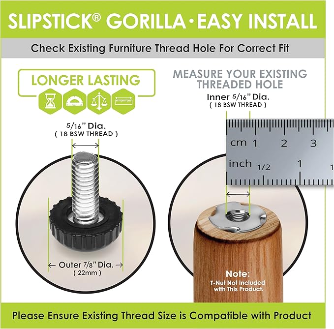 Slipstick Gorilla Outdoor Adjustable Furniture Levelers (8 Pack) Weatherproof Screw in Leg Glides for Chairs, Tables, and Outdoor Furniture Feet, 7/8 Inch Nylon Spherical Glide, 5/16"-18 BSW Thread - Image 4