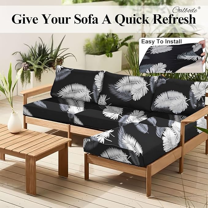 14Pcs Stretch Patio Cushion Covers Dustproof Outdoor Cushion Covers Washable Patio Couch Cover Slipcovers for Outdoor Furniture Protector Replacement(Black Palm Leaves, Cover Only) - Image 6