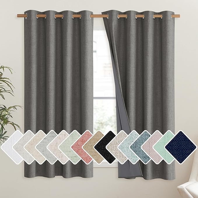 NICETOWN Grizzle Gray Vintage Linen 100% Blackout Curtains for Living Room, Thermal Insulated Curtains 63" Long, Noise Reducing Window Treatment Drapes for Hall Room, 52" Wide Per Panel, Set of 2 by NICETOWN