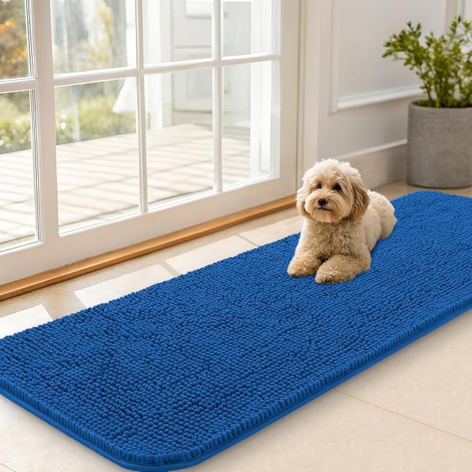 OLANLY Dog Door Mat for Muddy Paws 59x20, Absorbs Moisture and Dirt, Absorbent Non-Slip Washable Doormat, Quick Dry Chenille Mud Mat, Entry Indoor Entryway Carpet for Inside Floor, Deep Navy Blue by OLANLY